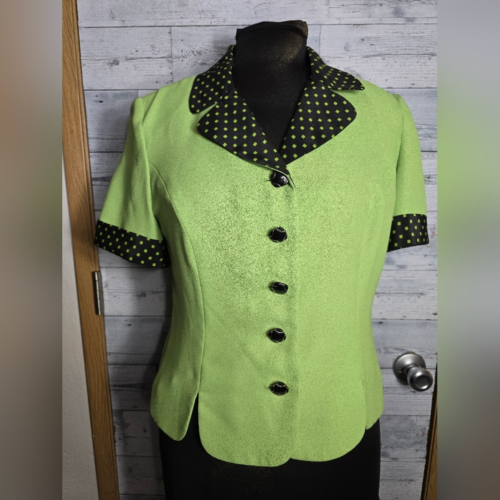 Vtg 80's Leslie Fay Green Black Polka-dot Button Up Short Sleeve Blazer Top
